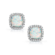 925 Sterling Silver Opal Halo Earrings, Square Shaped Halo Stud Earrings, Sparkling Cz Stud Earrings